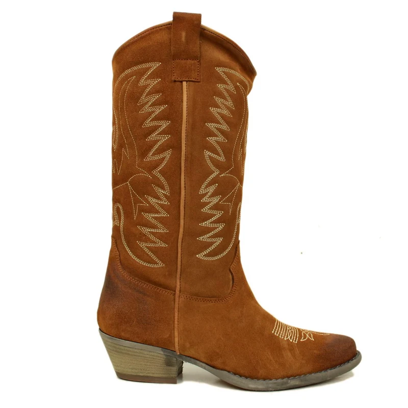 Stivali Texani Donna Cuoio in Camoscio con Cuciture Made in Italy