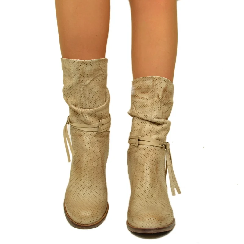 Stivaletti Donna Traforati in Pelle Vintage Taupe Made in Italy