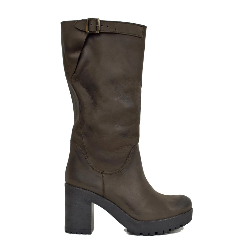 Stivali Donna in Pelle Nabuk Marroni con Tacco Made in Italy