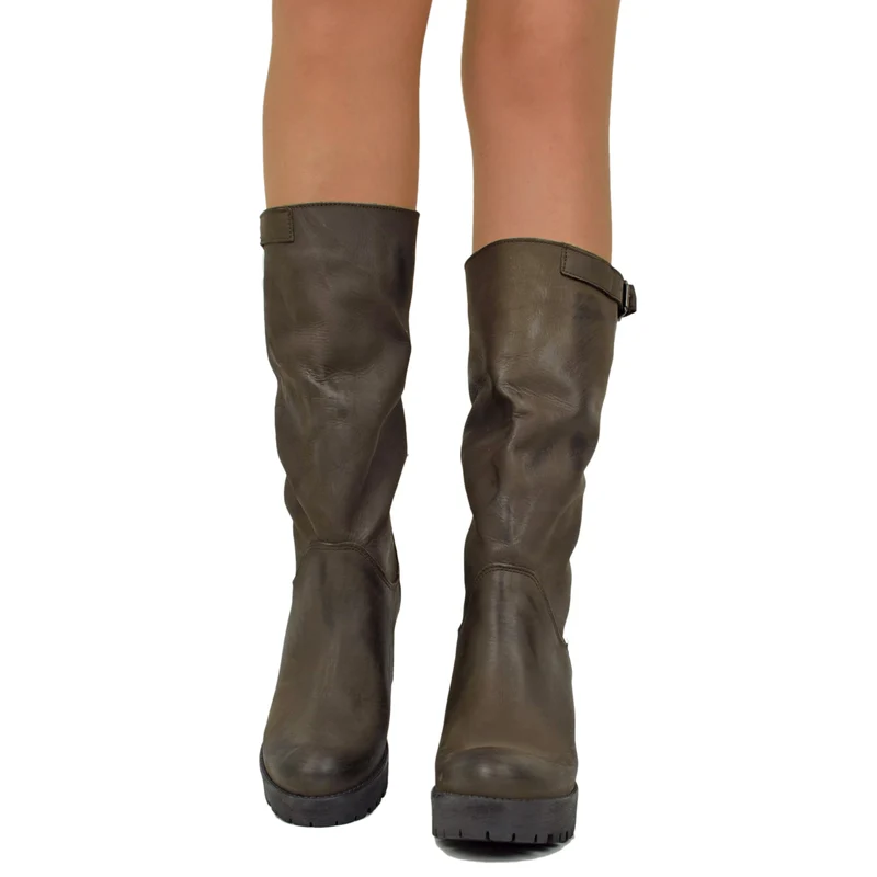 Stivali Donna in Pelle Nabuk Marroni con Tacco Made in Italy