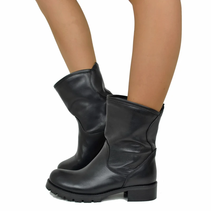 Stivali Donna Biker Neri Classici in Pelle Made in Italy