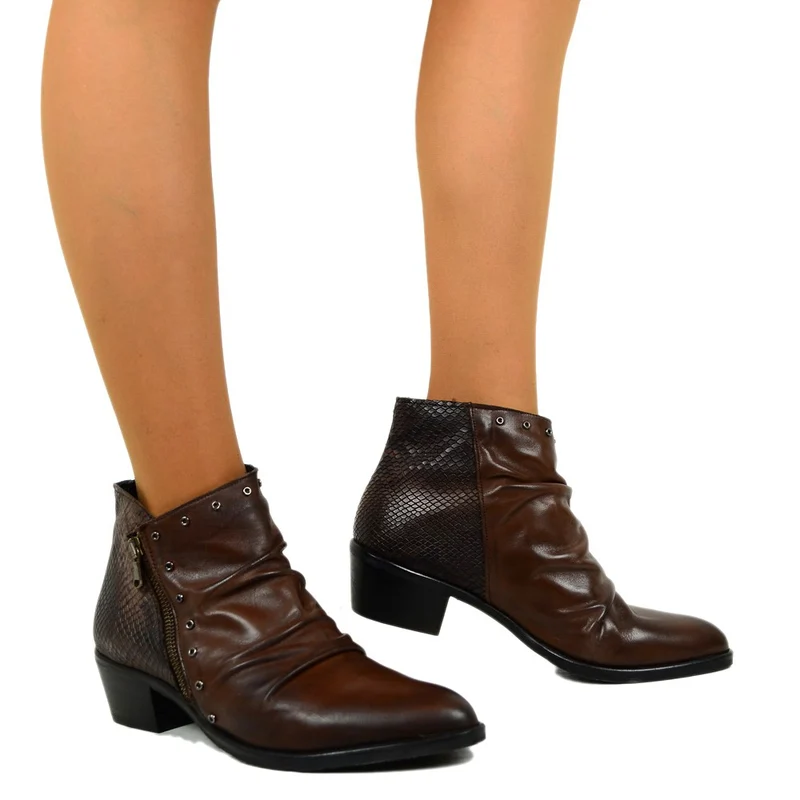 Stivaletti Donna in Pelle Marroni Effetto Pitone Made in Italy