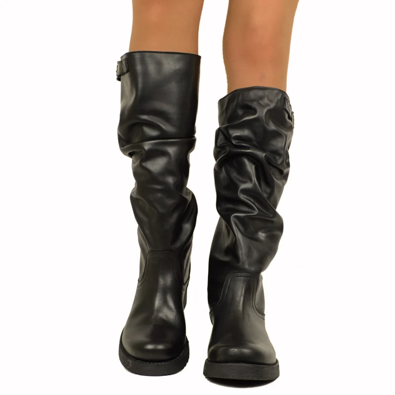 Stivali Donna Biker con Fibbia in Pelle Neri Made in Italy