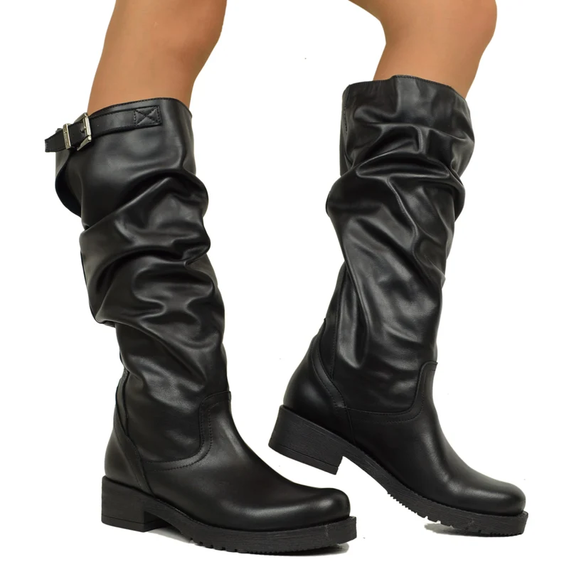 Stivali Donna Biker con Fibbia in Pelle Neri Made in Italy