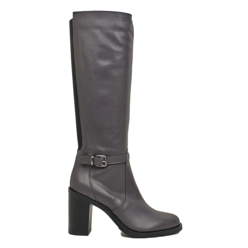 Stivali Donna Grigi in Pelle con Zip e Tacco Alto Made in Italy