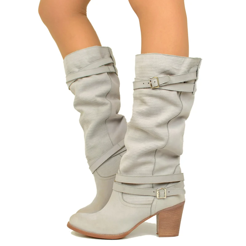 Stivali Donna in Pelle Nabuk Zigrinata Grigi con Tacco