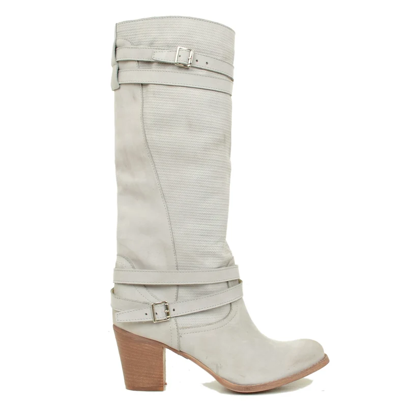 Stivali Donna in Pelle Nabuk Zigrinata Grigi con Tacco