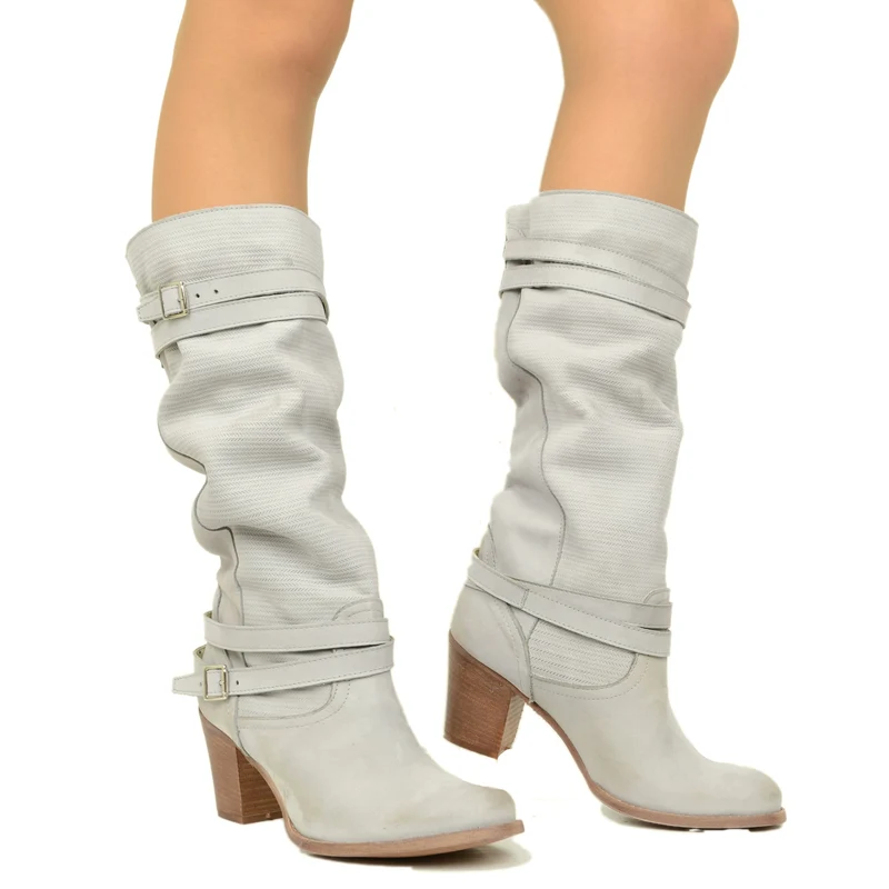 Stivali Donna in Pelle Nabuk Zigrinata Grigi con Tacco
