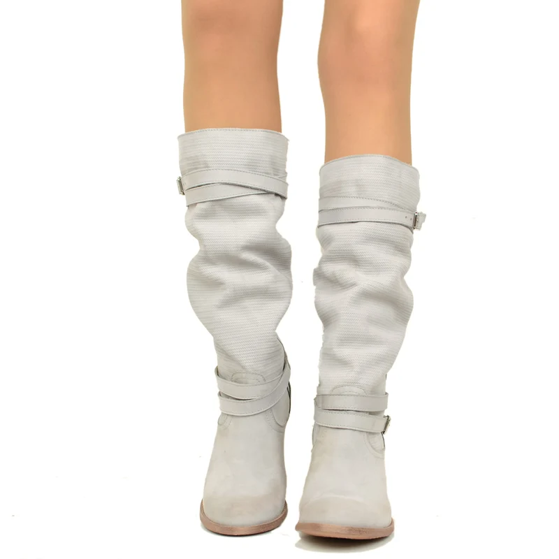 Stivali Donna in Pelle Nabuk Zigrinata Grigi con Tacco