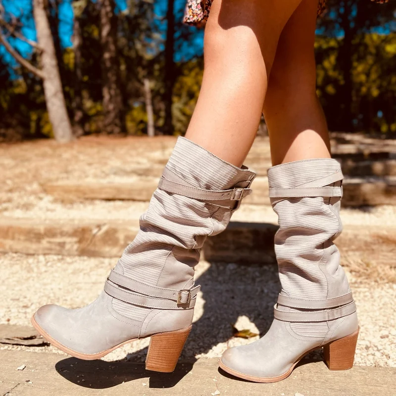 Stivali Donna in Pelle Nabuk Zigrinata Grigi con Tacco