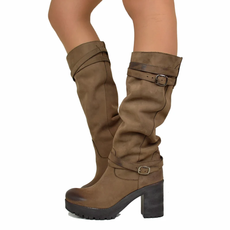 Stivali Donna con Cavigliera Pelle Nabuk Marrone Made in Italy