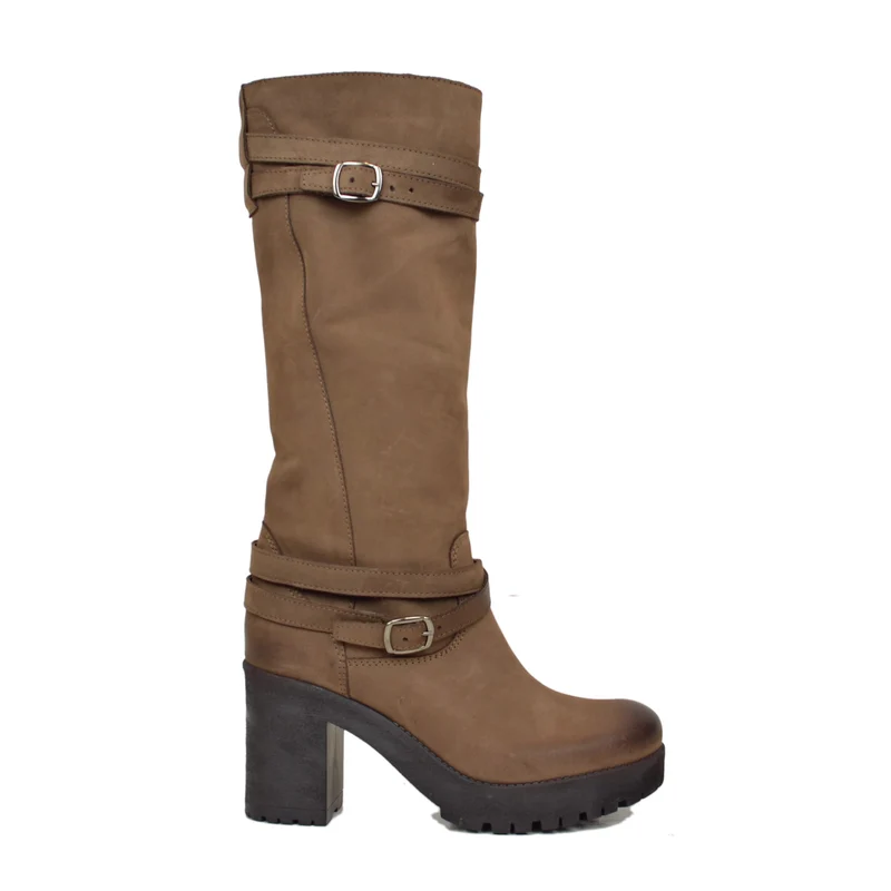 Stivali Donna con Cavigliera Pelle Nabuk Marrone Made in Italy