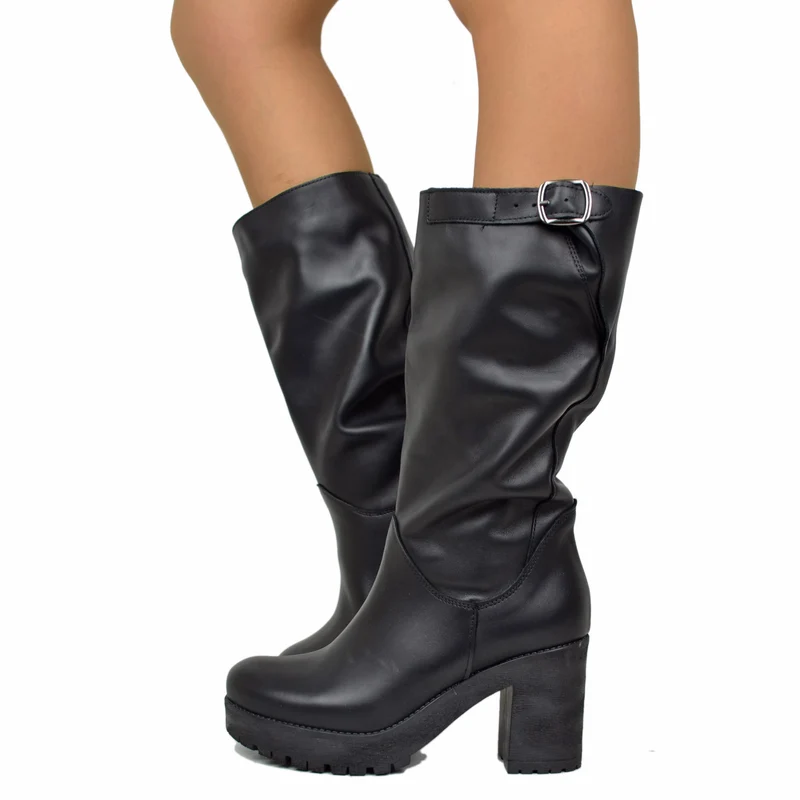 Stivali Donna in Pelle Neri con Tacco Made in Italy