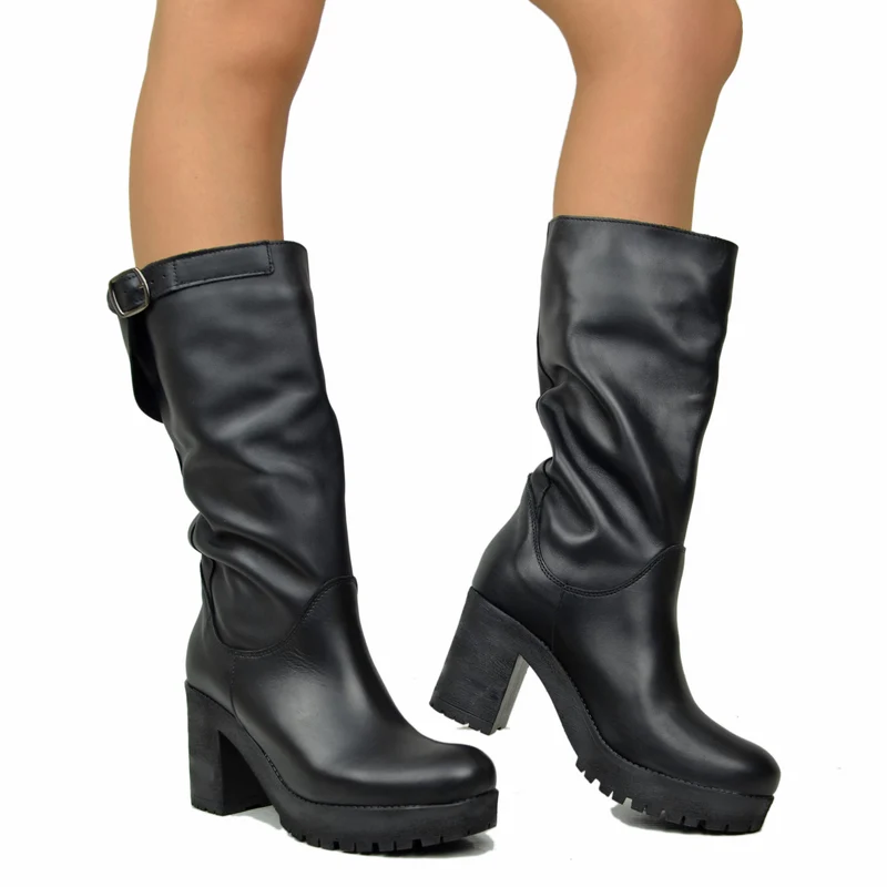 Stivali Donna in Pelle Neri con Tacco Made in Italy