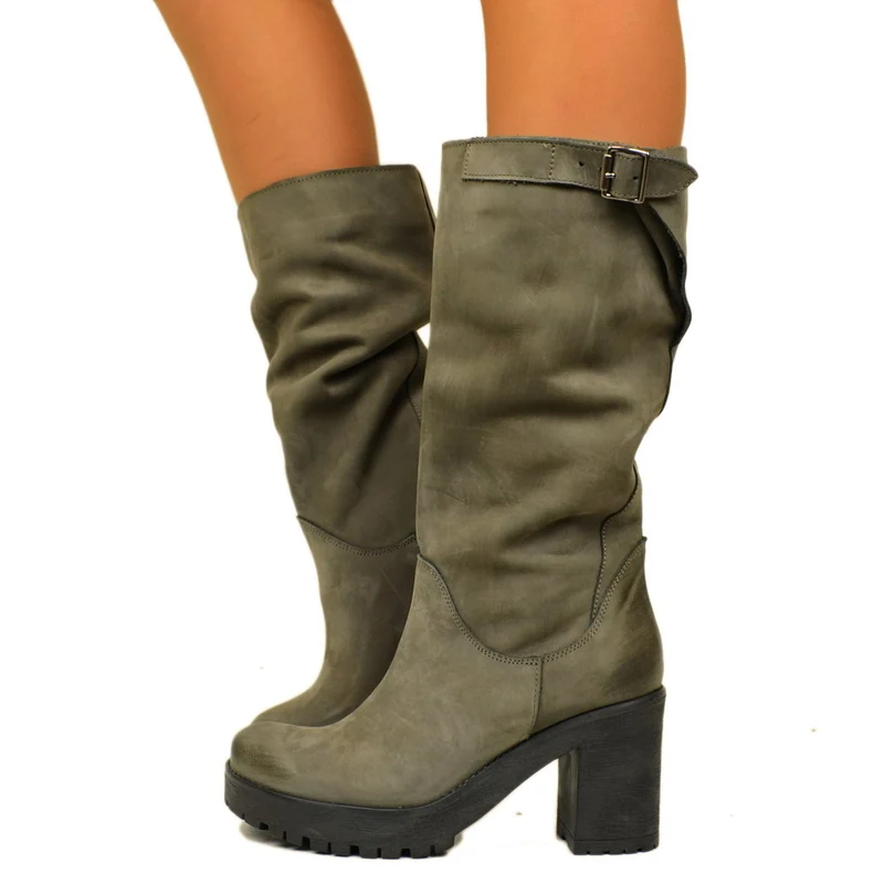 Stivali Donna in Pelle Nabuk Grigi con Tacco Made in Italy