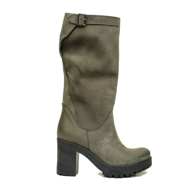 Stivali Donna in Pelle Nabuk Grigi con Tacco Made in Italy