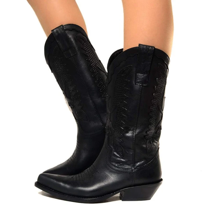 Texani Donna Neri in Pelle Ricamati con Aquila Made in Italy
