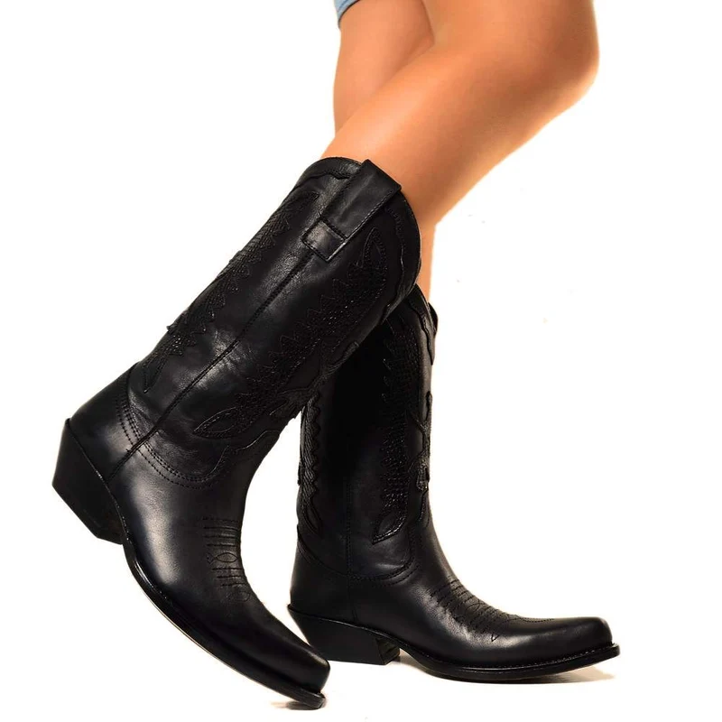Texani Donna Neri in Pelle Ricamati con Aquila Made in Italy