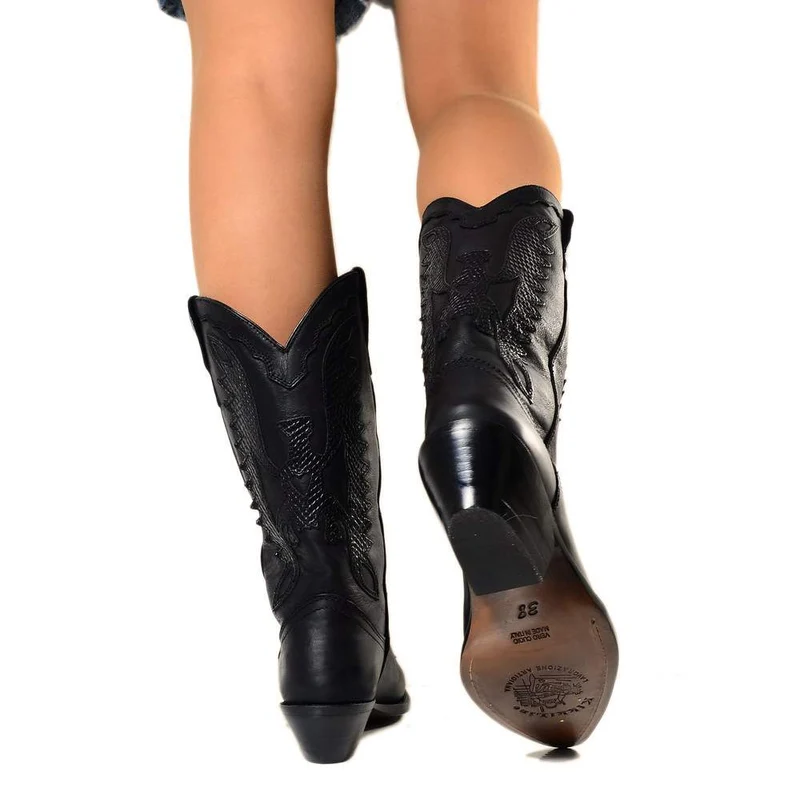 Texani Donna Neri in Pelle Ricamati con Aquila Made in Italy