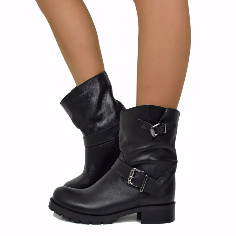 Stivali Donna Police Neri Biker Boots in Pelle Made in Italy