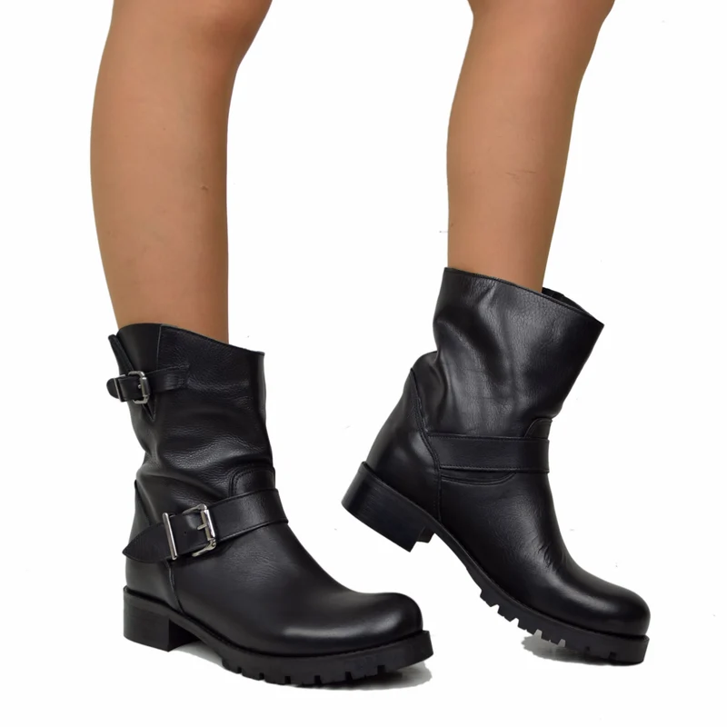 Stivali Donna Police Neri Biker Boots in Pelle Made in Italy