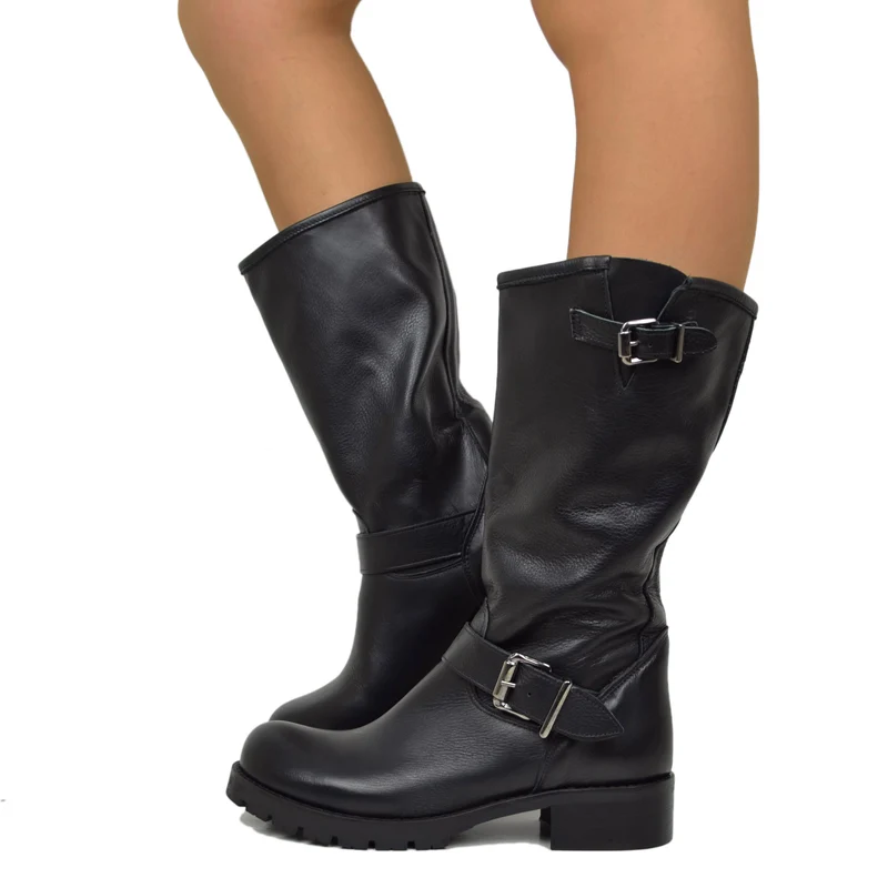 Stivali Donna Police Neri Biker Boots in Vera Pelle Made in Italy