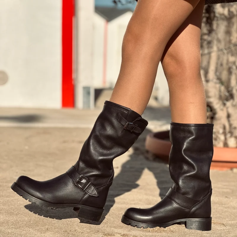 Stivali Donna Police Neri Biker Boots in Vera Pelle Made in Italy