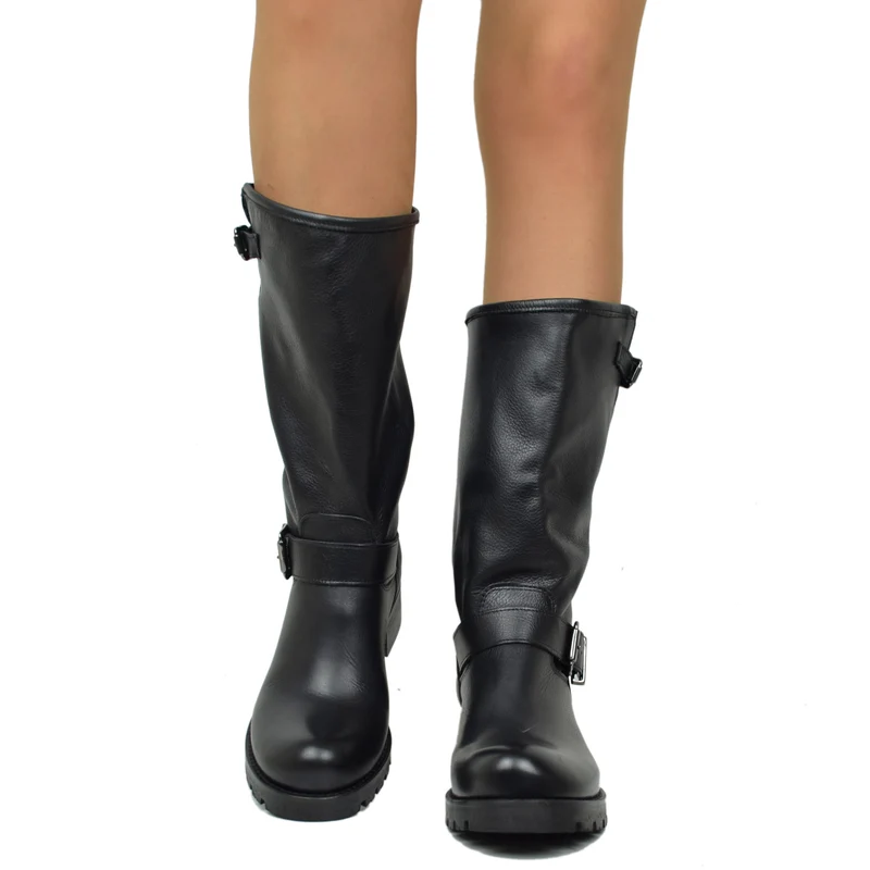 Stivali Donna Police Neri Biker Boots in Vera Pelle Made in Italy