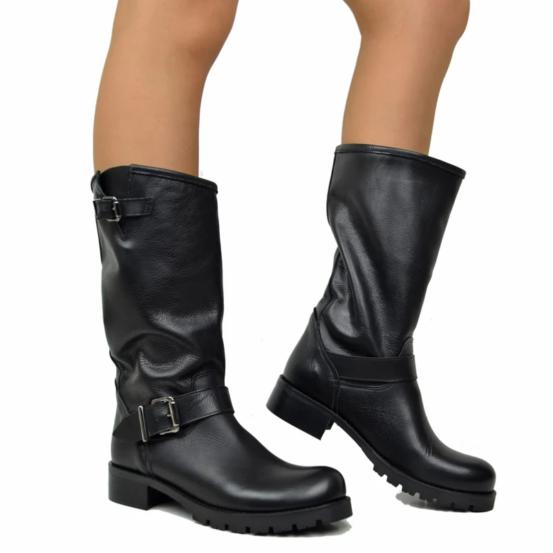 Stivali Donna Police Neri Biker Boots in Vera Pelle Made in Italy