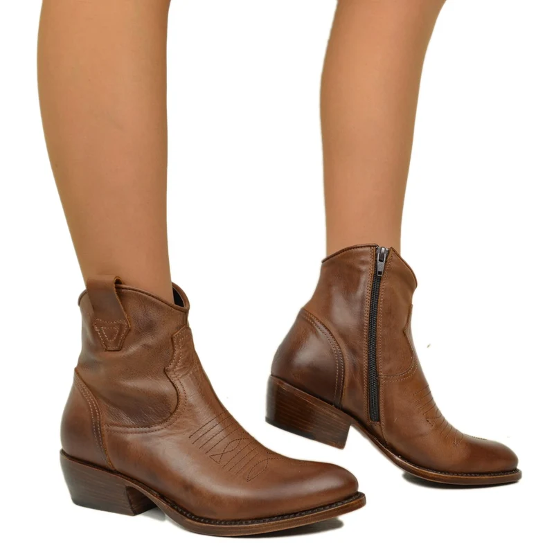 Stivaletti Texani Donna in Pelle Marrone Vintage Made in Italy