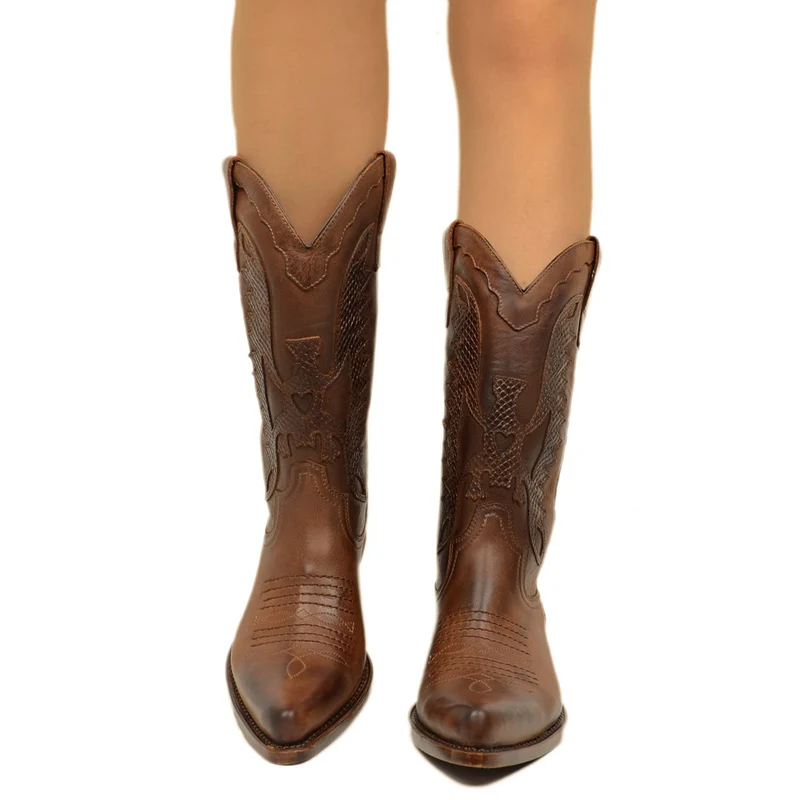 Texani Donna in Pelle Castagno Ricamati con Aquila Made in Italy