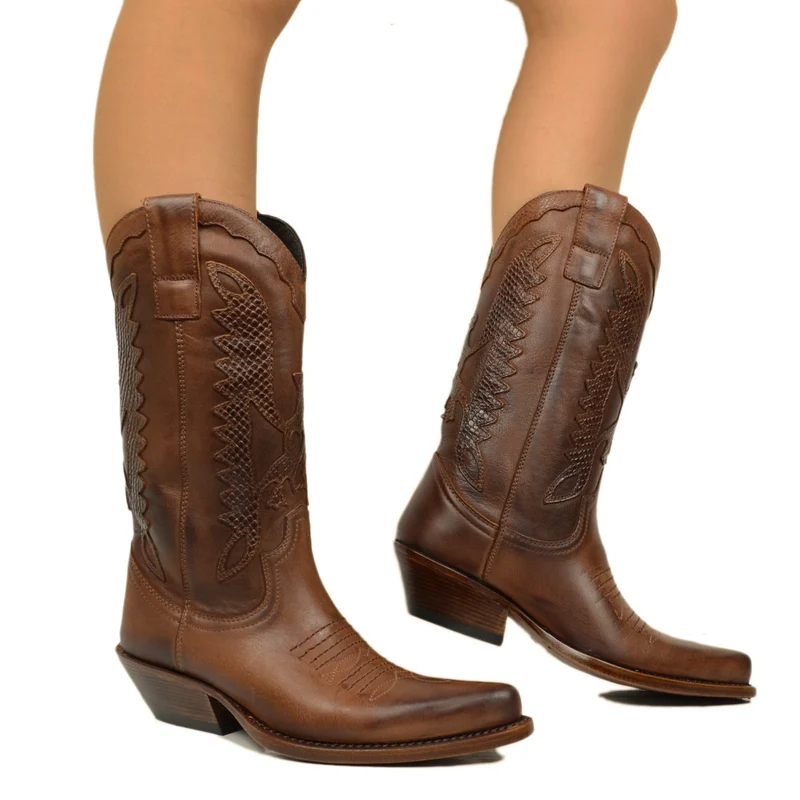 Texani Donna in Pelle Castagno Ricamati con Aquila Made in Italy