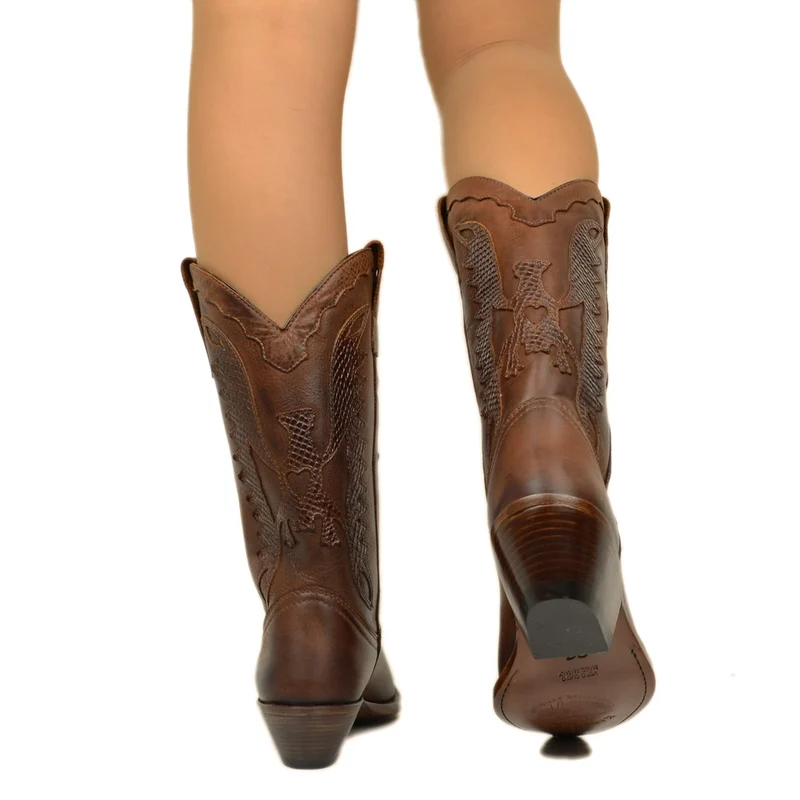 Texani Donna in Pelle Castagno Ricamati con Aquila Made in Italy