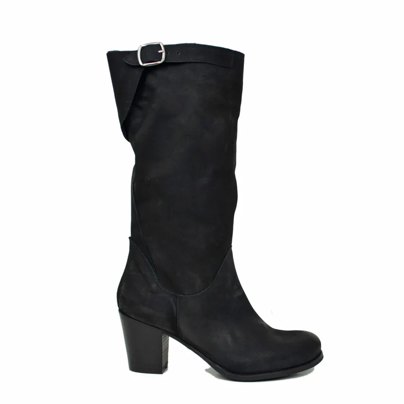 Stivali Biker con Tacco Medio Gambale in Vera Pelle Nabuk Neri