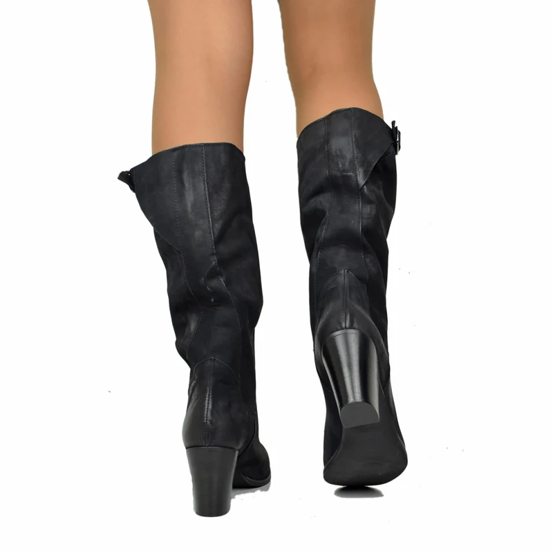 Stivali Biker con Tacco Medio Gambale in Vera Pelle Nabuk Neri