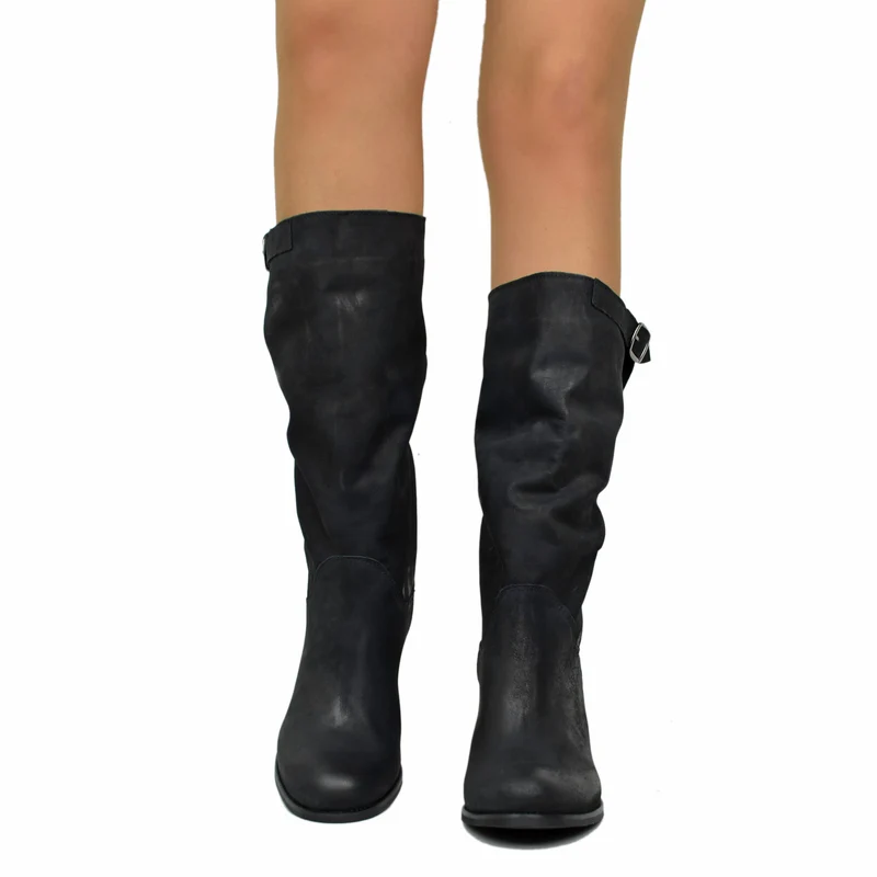 Stivali Biker con Tacco Medio Gambale in Vera Pelle Nabuk Neri