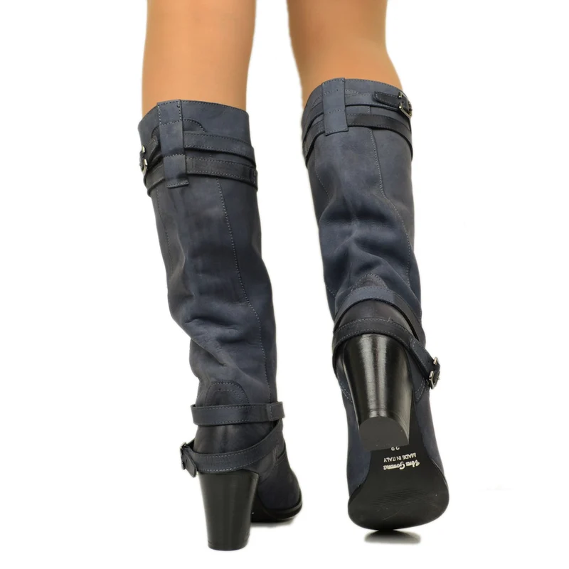 Stivali Donna in Vera Pelle Nabuk Blu Made in Italy