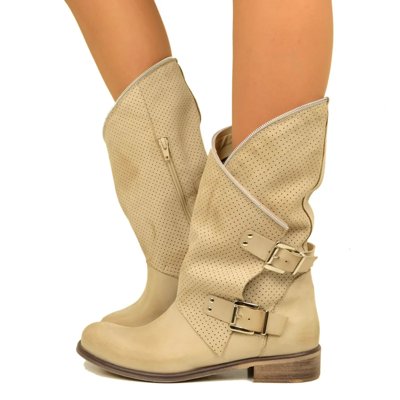 Stivali Donna Taupe Traforati Biker Boots in Pelle Nabuk