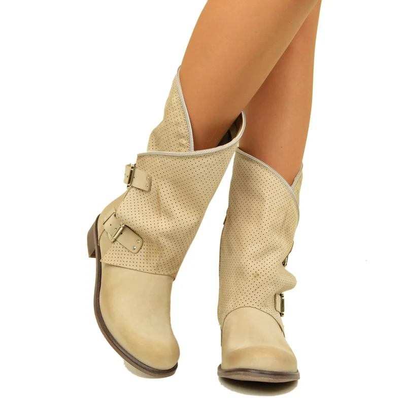 Stivali Donna Taupe Traforati Biker Boots in Pelle Nabuk