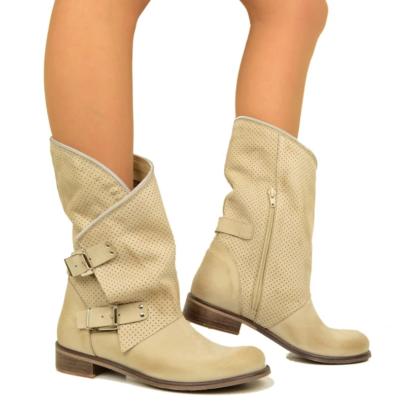 Stivali Donna Taupe Traforati Biker Boots in Pelle Nabuk