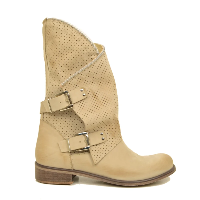Stivali Donna Taupe Traforati Biker Boots in Pelle Nabuk