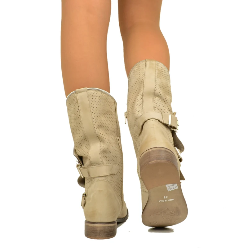 Stivali Donna Taupe Traforati Biker Boots in Pelle Nabuk