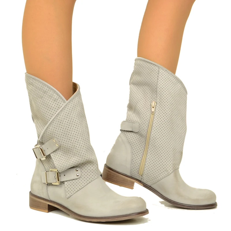 Stivali Donna Grigi Traforati Biker con Fibbie in Pelle Nabuk