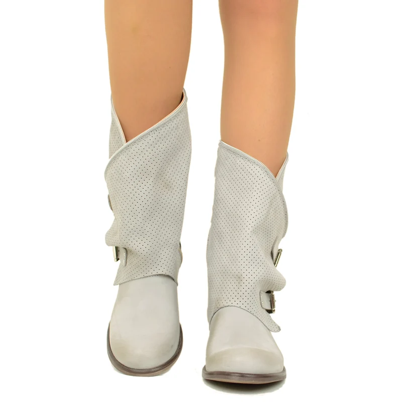 Stivali Donna Grigi Traforati Biker con Fibbie in Pelle Nabuk