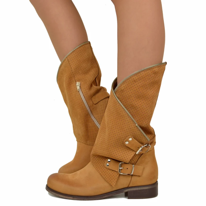 Stivali Donna Cuoio Traforati Biker con Fibbie in Pelle Nabuk