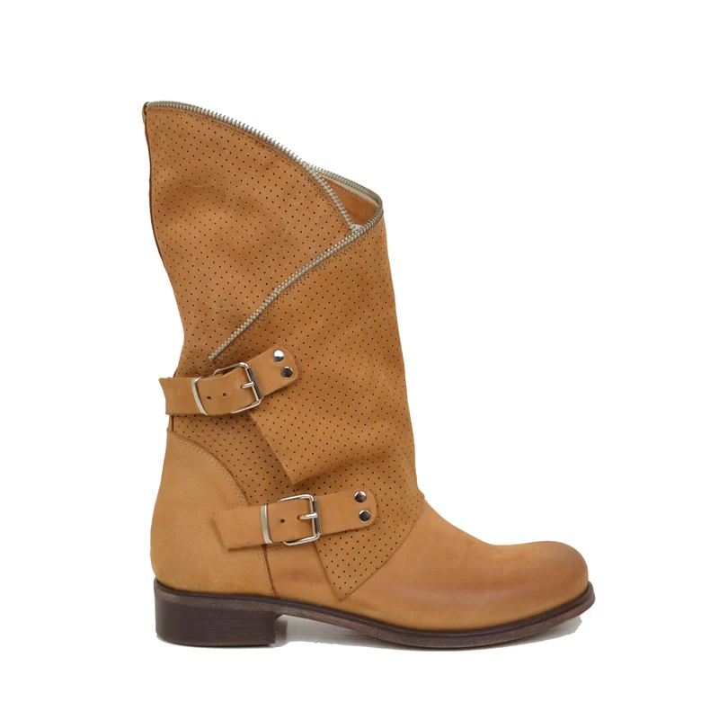 Stivali Donna Cuoio Traforati Biker con Fibbie in Pelle Nabuk