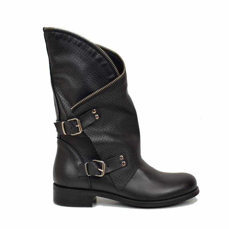 Stivali Neri Traforati Biker Boots Donna con Fibbie in Vera Pelle