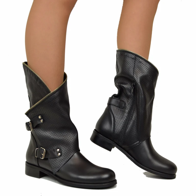 Stivali Neri Traforati Biker Boots Donna con Fibbie in Vera Pelle
