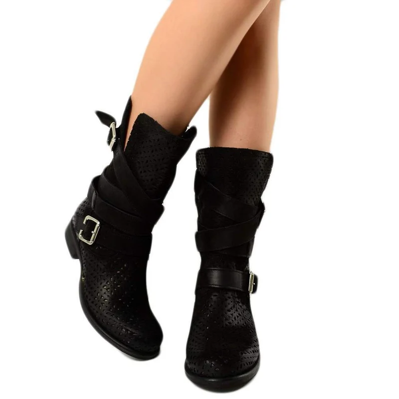 Stivali Donna Biker Traforati in Pelle Nabuk Neri Made in Italy