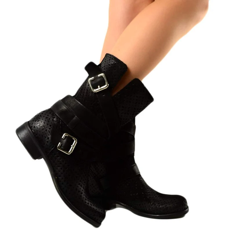 Stivali Donna Biker Traforati in Pelle Nabuk Neri Made in Italy